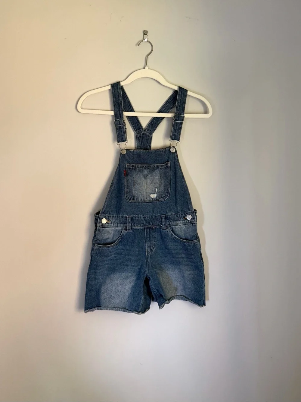Levi's Blue Denim Shortall Overall Shorts Button‎ Adjustable Straps Pockets 12